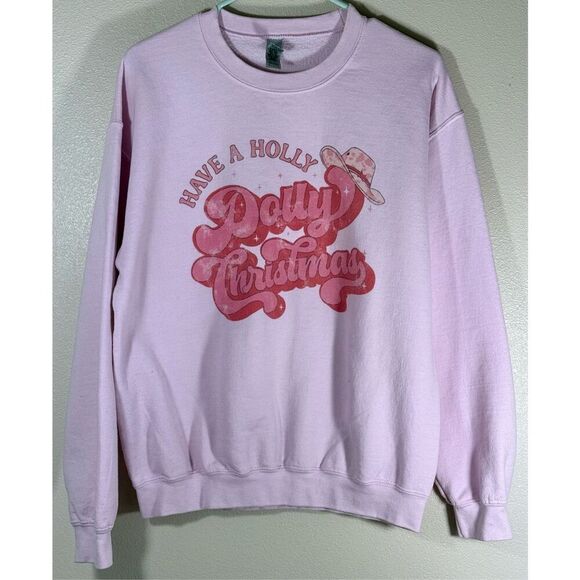 “Have a Holly Dolly Christmas” Light Pink Crewneck Holiday Sweatshirt Medium - Picture 1 of 11